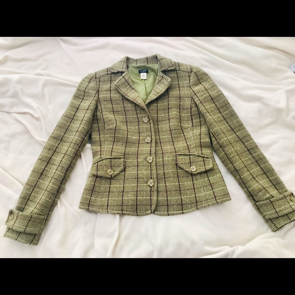 J. Crew Wool Blazer Jacket Green Burgundy Houndstooth Size XS